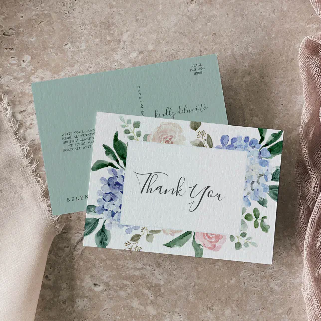 Elegant Blue Hydrangea | White Thank You Postcard | Zazzle