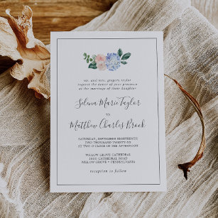 Elegant Blue Hydrangea   White Traditional Wedding Invitation