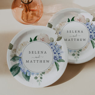 Elegant Blue Hydrangea   White Wedding Cake Paper Plates