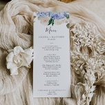 Elegant Blue Hydrangea | White Wedding Dinner Menu<br><div class="desc">This elegant blue hydrangea white wedding dinner menu card is perfect for a spring or summer wedding. The classic floral design features soft powder blue watercolor hydrangeas accented with neutral blush pink flowers and green leaves. This menu can be used for a wedding reception,  rehearsal dinner,  or any event.</div>