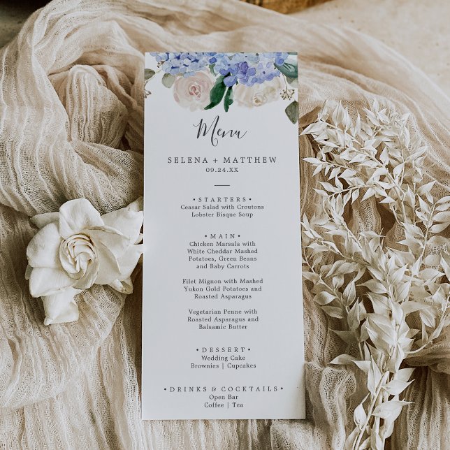 Elegant Blue Hydrangea | White Wedding Dinner Menu (Creator Uploaded)