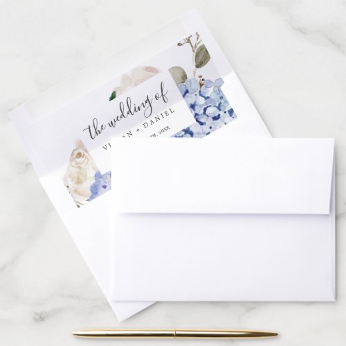 Elegant Blue Hydrangea  White Wedding Envelope Liner
