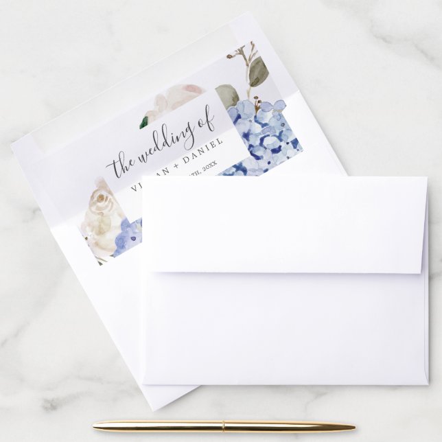 Elegant Blue Hydrangea | White Wedding Envelope Liner (Desk)