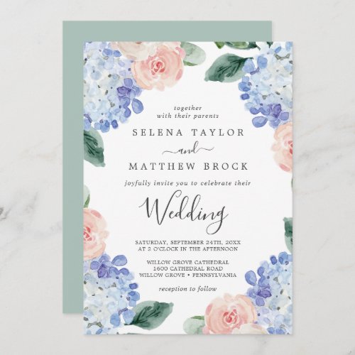 Elegant Blue Hydrangea  White Wedding Invitation