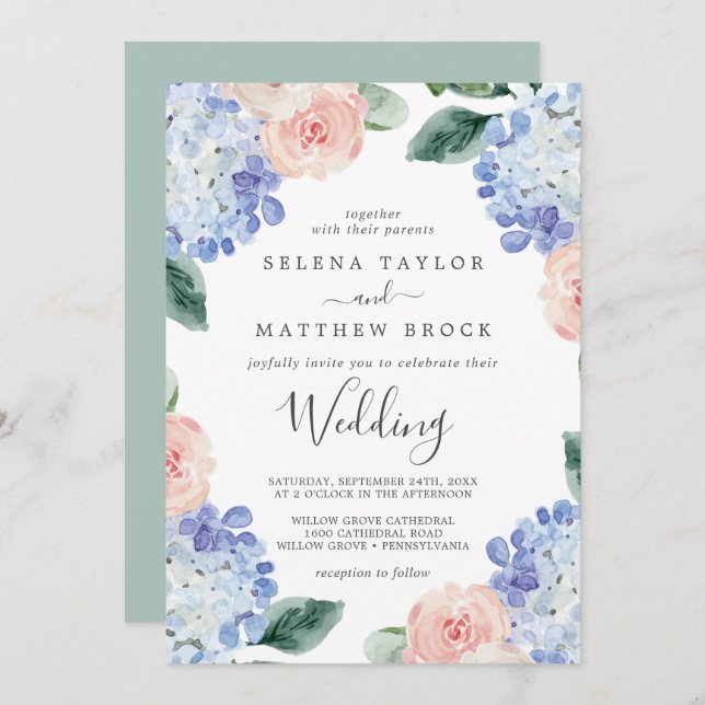 Elegant Blue Hydrangea | White Wedding Invitation (Front/Back)