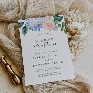 Elegant Blue Hydrangea   White Wedding Reception Invitation