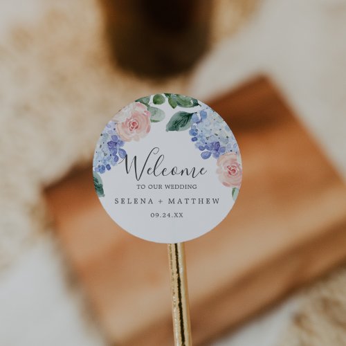 Elegant Blue Hydrangea  White Wedding Welcome Classic Round Sticker