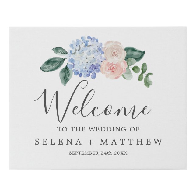Elegant Blue Hydrangea | White Wedding Welcome Faux Canvas Print (Front)