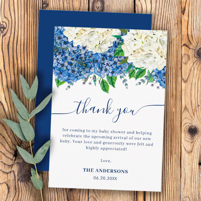 Elegant Blue Hydrangea Wildflower Baby Shower Thank You Card | Zazzle