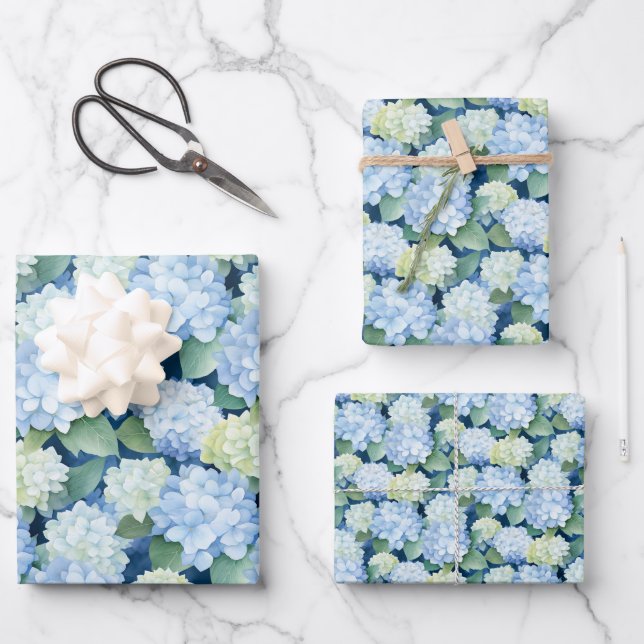 Elegant Blue Hydrangea Wrapping Paper Sheets (Front)