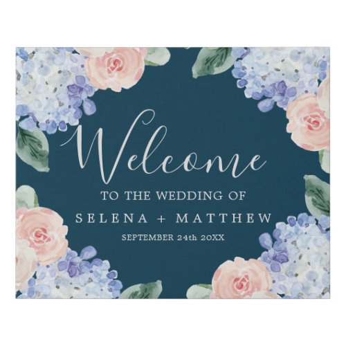 Elegant Blue Hydrangea Wreath Navy Wedding Welcome Faux Canvas Print