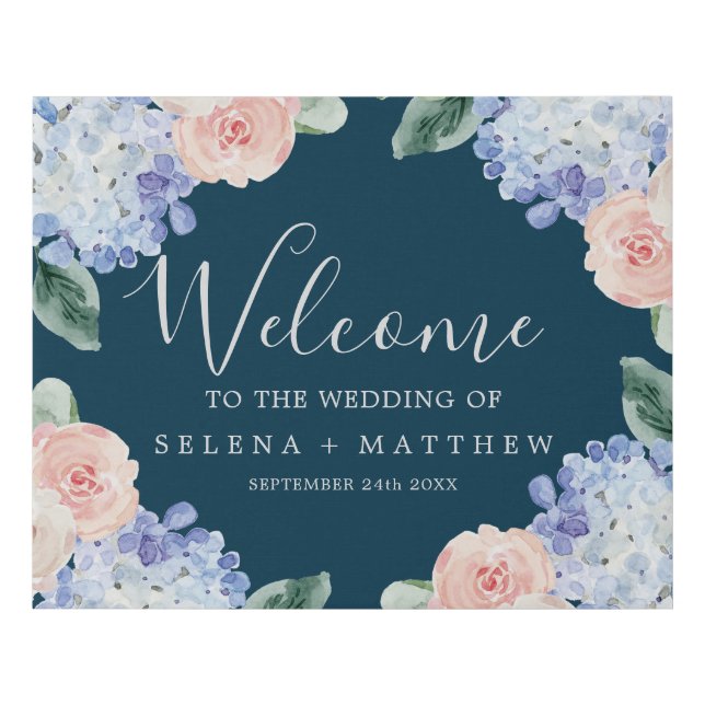 Elegant Blue Hydrangea Wreath Navy Wedding Welcome Faux Canvas Print (Front)