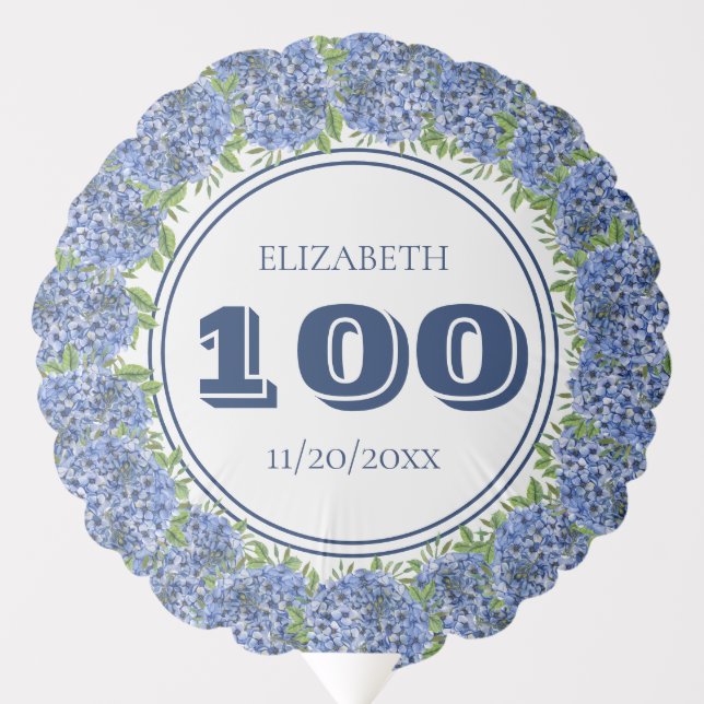 Elegant Blue Hydrangeas 100th Birthday Party Balloon (Front)