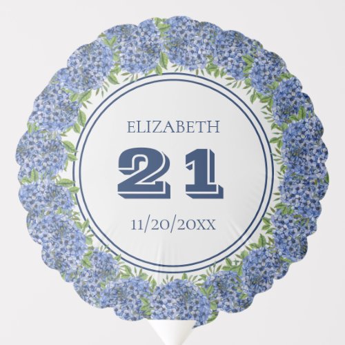Elegant Blue Hydrangeas 21st Birthday Party Balloon