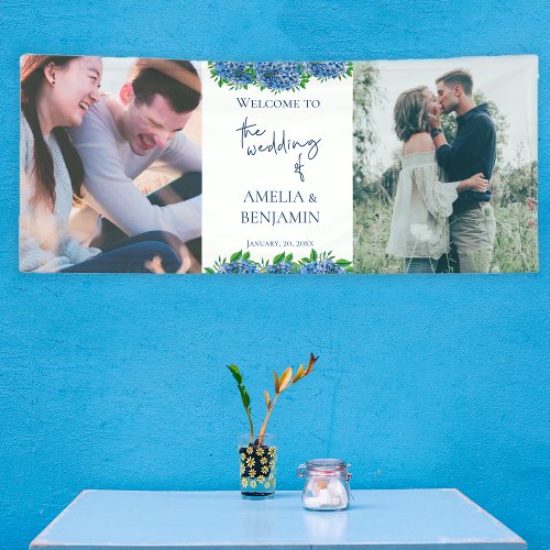 Elegant Blue Hydrangeas 2 Photo Wedding Welcome Banner