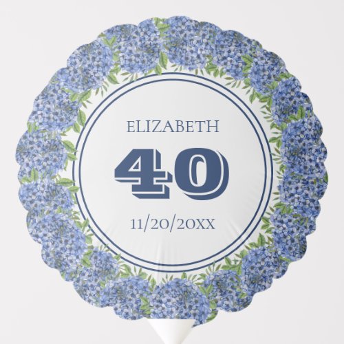 Elegant Blue Hydrangeas 40th Birthday Party Balloon