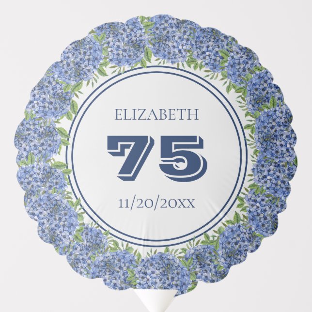 Elegant Blue Hydrangeas 75th Birthday Party Balloon (Front)