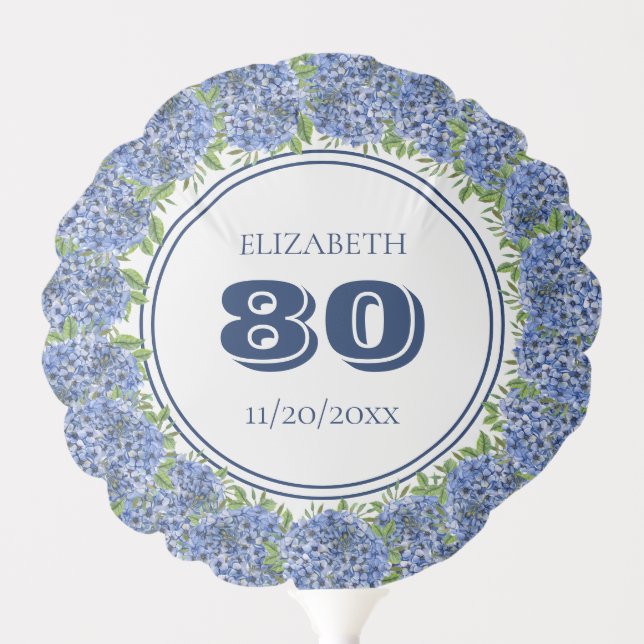 Elegant Blue Hydrangeas 80th Birthday Party Balloon (Front)