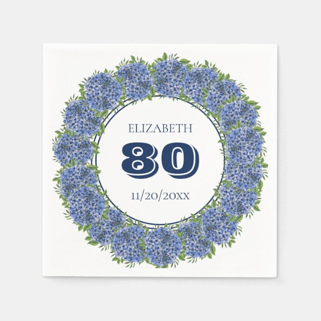 Elegant Blue Hydrangeas 80th Birthday Party Napkins (Front)