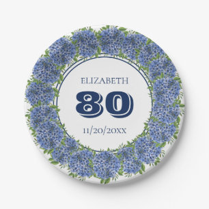 Elegant Blue Hydrangeas 80th Birthday Party Paper Plates