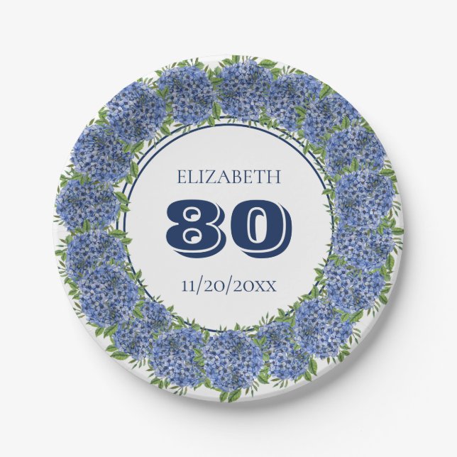 Elegant Blue Hydrangeas 80th Birthday Party Paper Plates (Front)