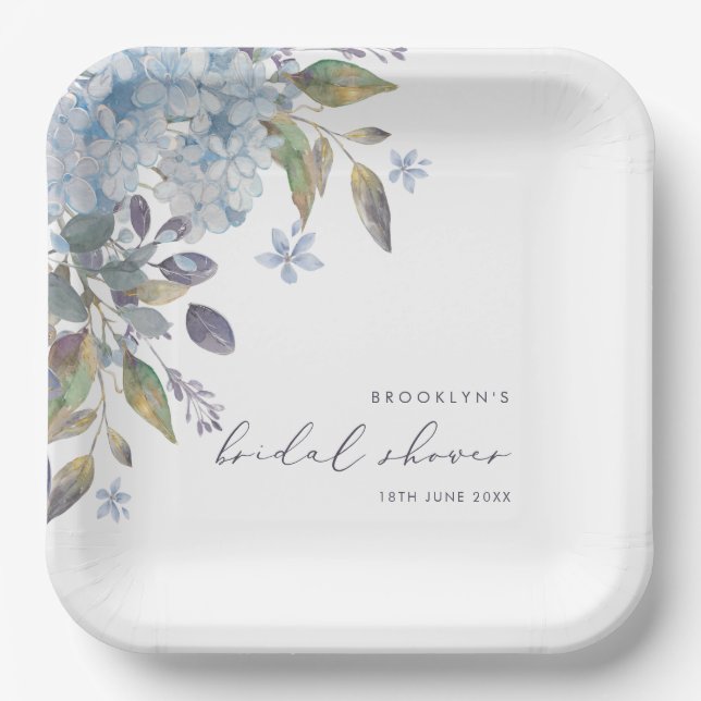 Elegant Blue Hydrangeas Bridal Shower Paper Plates (Front)