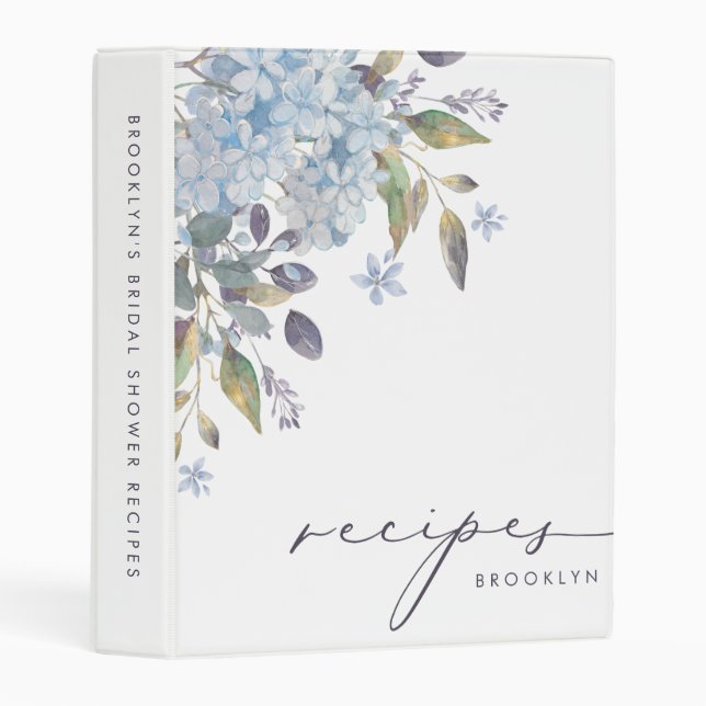 Elegant Blue Hydrangeas Bridal Shower Recipe Mini  Binder (Front/Spine)