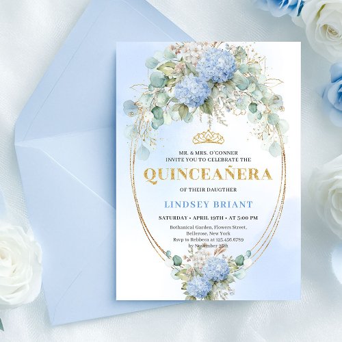 Elegant Blue Hydrangeas Gold Quinceañera Invite