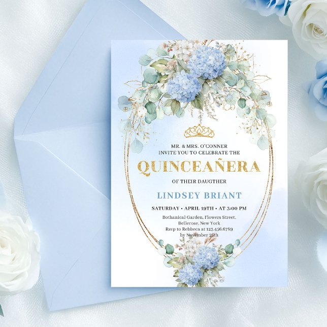 Elegant Blue Hydrangeas Gold Quinceañera Invite (Elegant Blue Hydrangeas Gold Quinceañera Invite)
