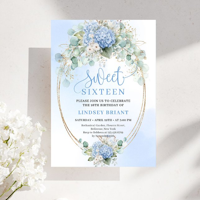 Elegant Blue Hydrangeas Gold Sweet Sixteen Invite (Elegant Blue Hydrangeas Gold Sweet Sixteen Invite)