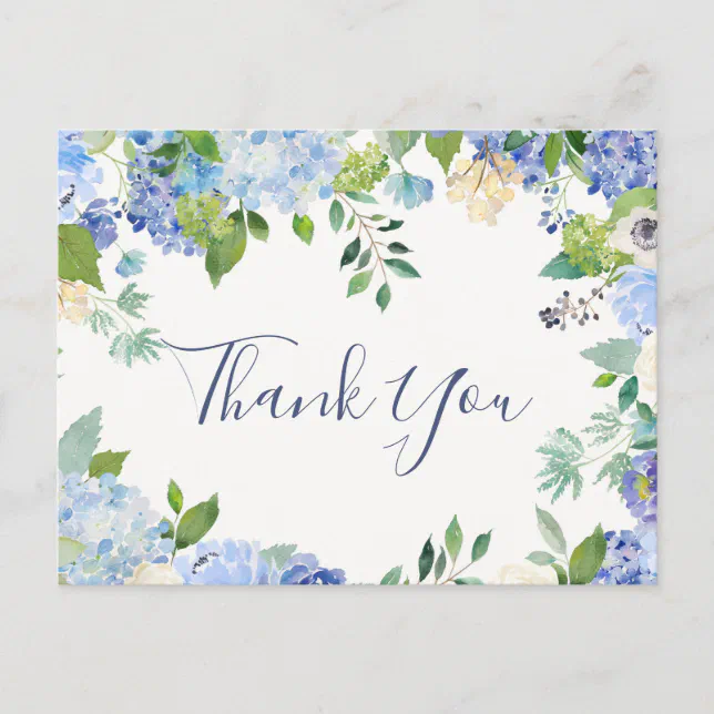 Elegant Blue Hydrangeas Greenery Thank You Postcard | Zazzle
