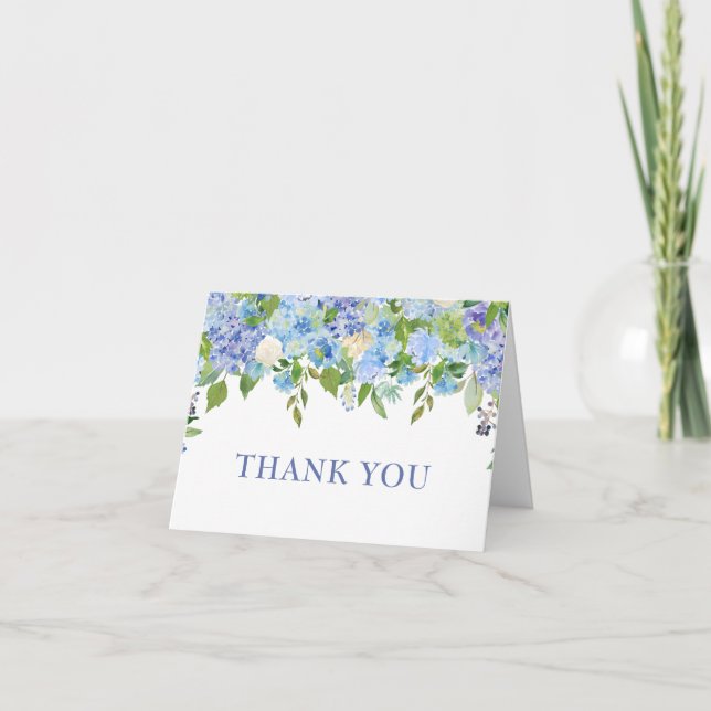 Elegant Blue Hydrangeas Greenery Watercolor Thank You Card (Front)