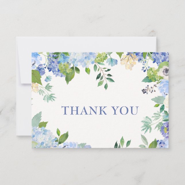 Elegant Blue Hydrangeas Greenery Wedding Floral Thank You Card (Front)