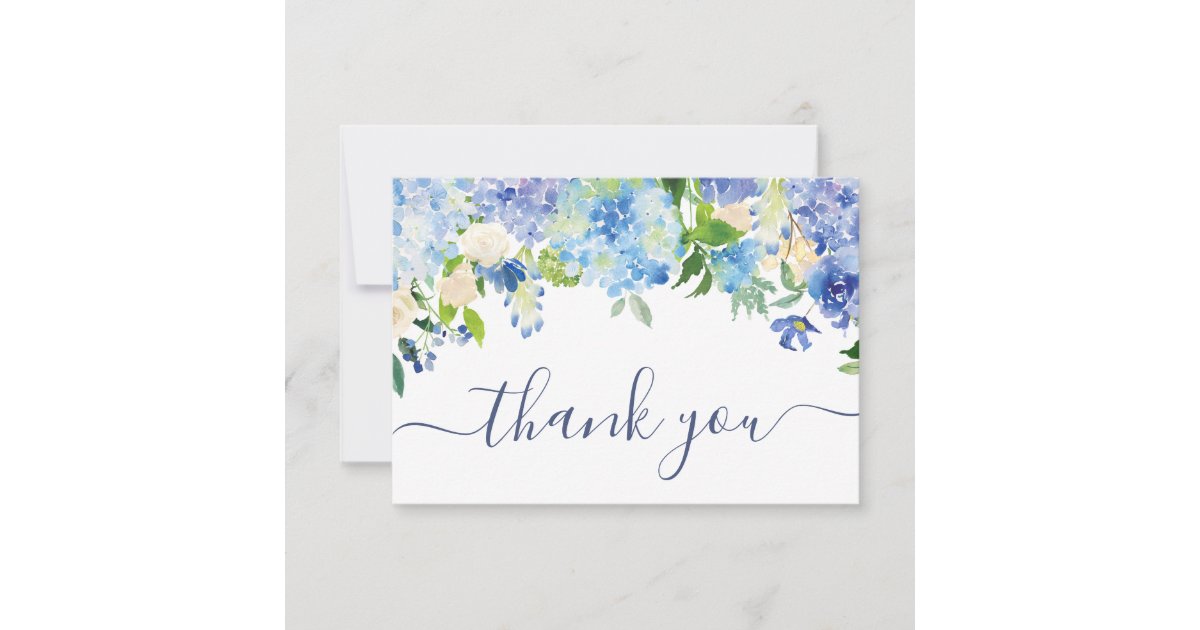 Elegant Blue Hydrangeas Greenery Wedding Floral Thank You Card | Zazzle