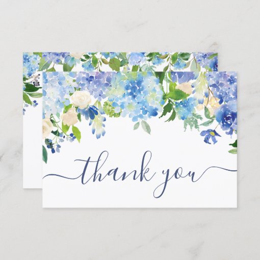 Elegant Blue Hydrangeas Greenery Wedding Floral Thank You Card | Zazzle