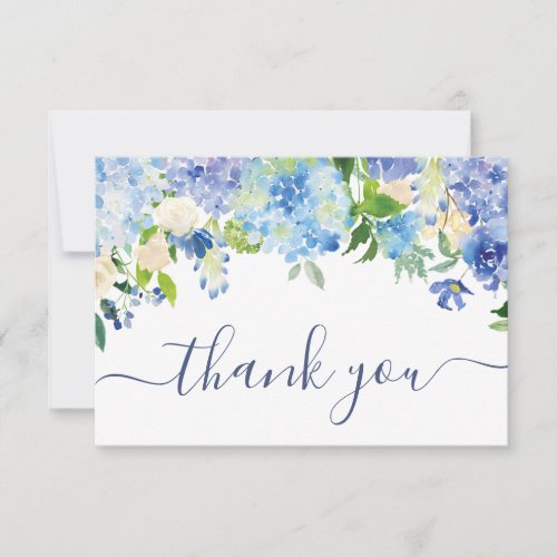 Elegant Blue Hydrangeas Greenery Wedding Floral Thank You Card