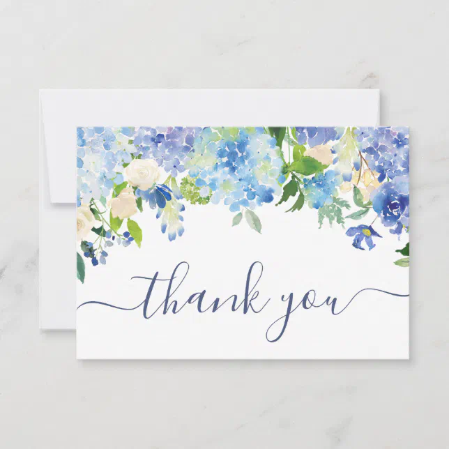 Elegant Blue Hydrangeas Greenery Wedding Floral Thank You Card | Zazzle