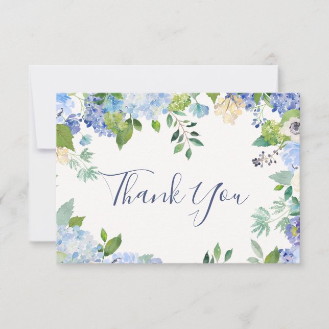 Elegant Blue Hydrangeas Greenery Wedding Floral Thank You Card (Front)