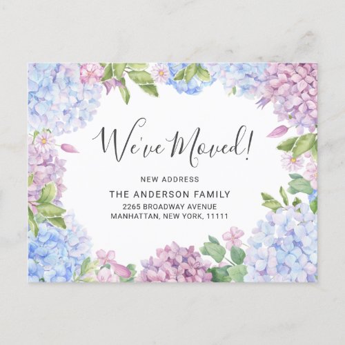 Elegant Blue Hydrangeas Moving Announcement Postcard