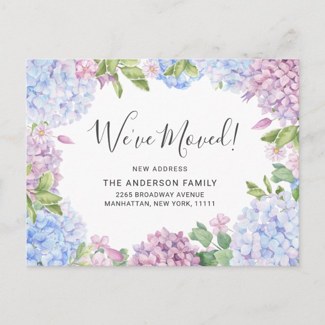 Elegant Blue Hydrangeas Moving Announcement Postcard (Front)