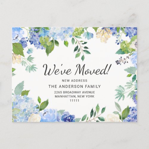 Elegant Blue Hydrangeas Moving Announcement Postcard