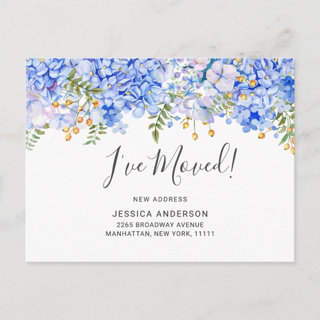 Elegant Blue Hydrangeas Moving Announcement Postcard (Front)