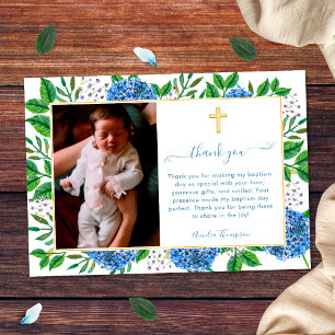 Elegant Blue Hydrangeas Photo Gold Cross Baptism Thank You Card