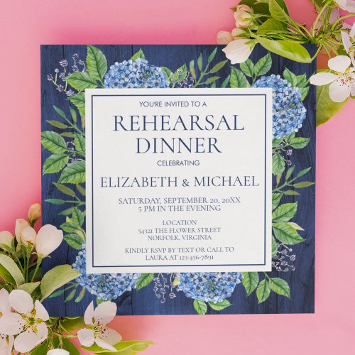 Elegant Blue Hydrangeas Rustic Rehearsal Dinner Invitation