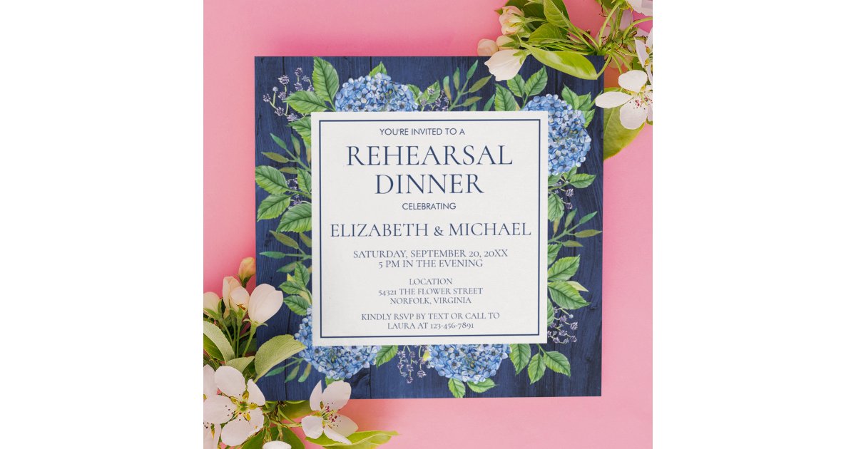 Elegant Blue Hydrangeas Rustic Rehearsal Dinner Invitation | Zazzle