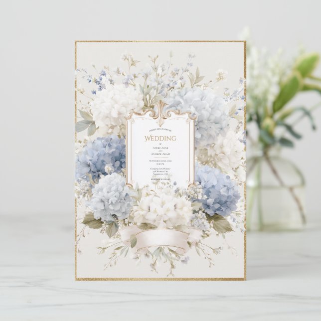 Elegant Blue Hydrangeas Vintage Wedding Invitation (Standing Front)