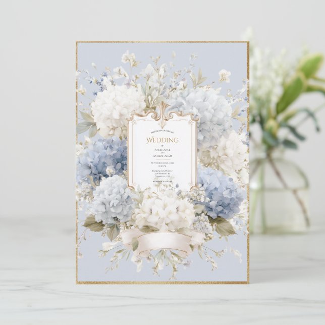 Elegant Blue Hydrangeas Vintage Wedding Invitation (Standing Front)