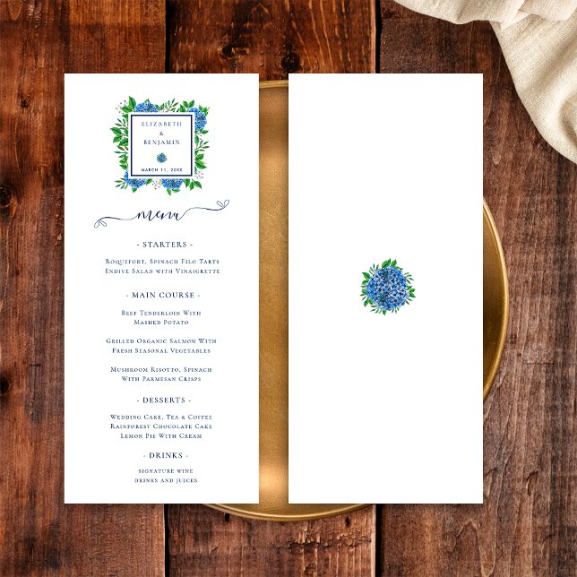 Elegant Blue Hydrangeas Watercolor Wedding Menu (Front/Back)