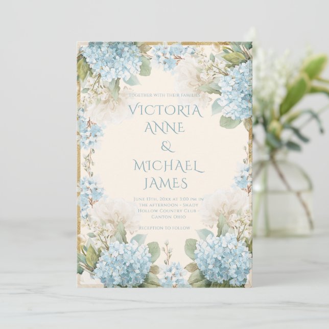 Elegant Blue Hydrangeas Wedding  Invitation (Standing Front)