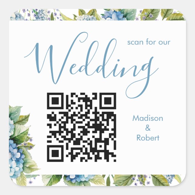 Elegant Blue Hydrangeas Wedding Scan QR Code Square Sticker (Front)